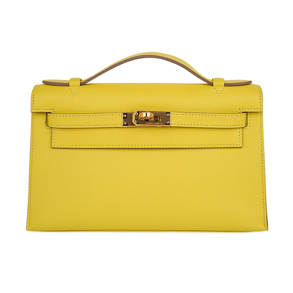 Kelly Pochette Bag Lime Clutch Gold Hardware Swift Leather