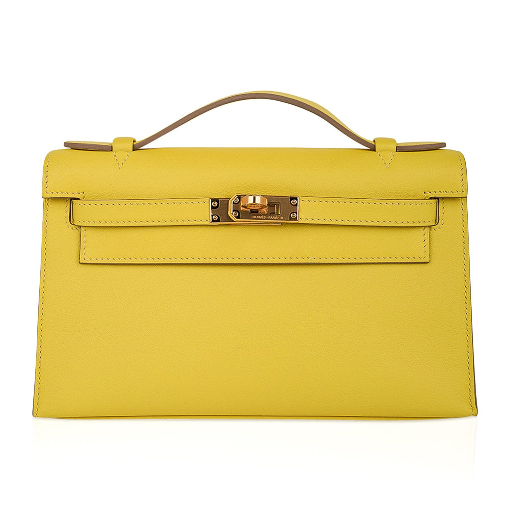 Kelly Pochette Bag Lime Clutch Gold Hardware Swift Leather