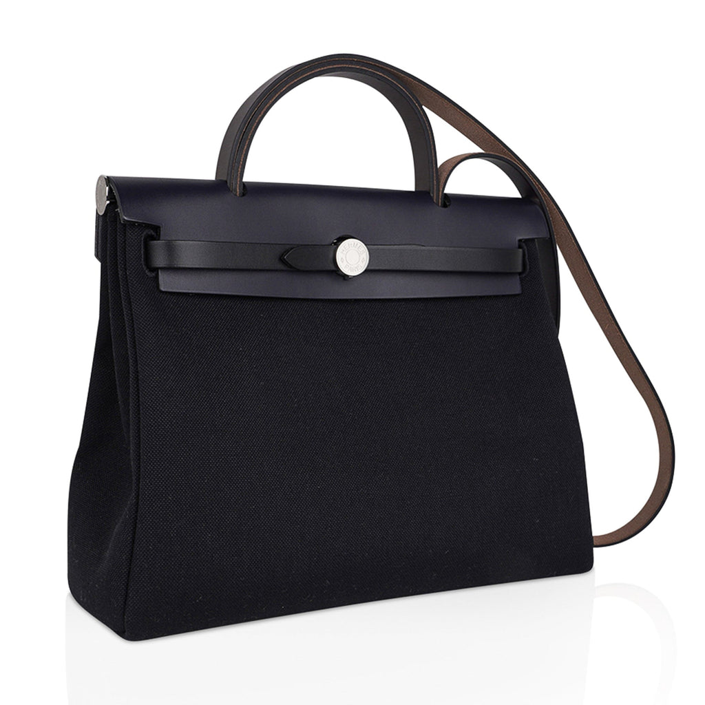 Herbag Zip 31 Bag Black Canvas & Blue Indigo Vache Hunter Leather with Palladium Hardware