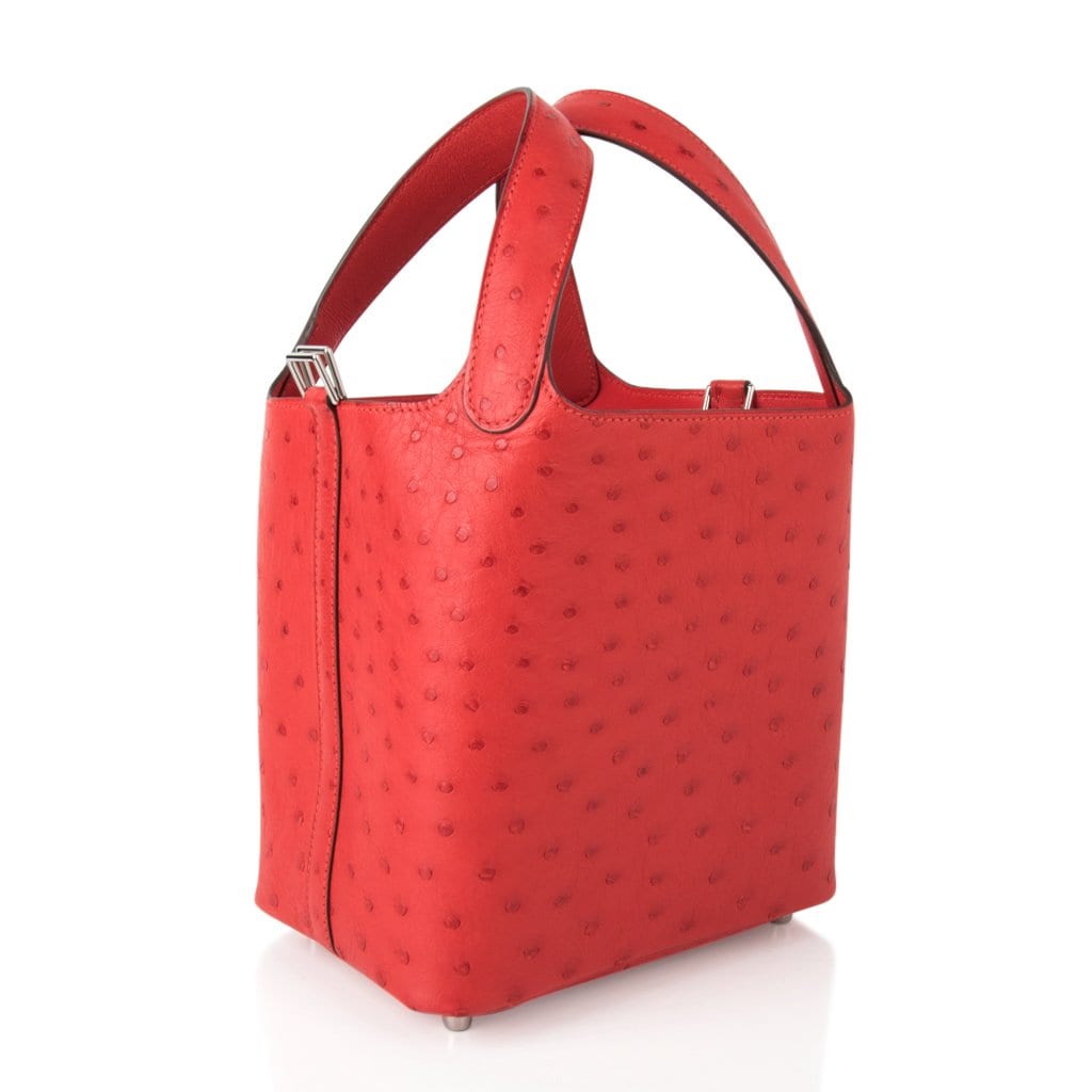Picotin Lock 18 Bag Rouge Exotique Ostrich Tote Palladium Hardware nwt