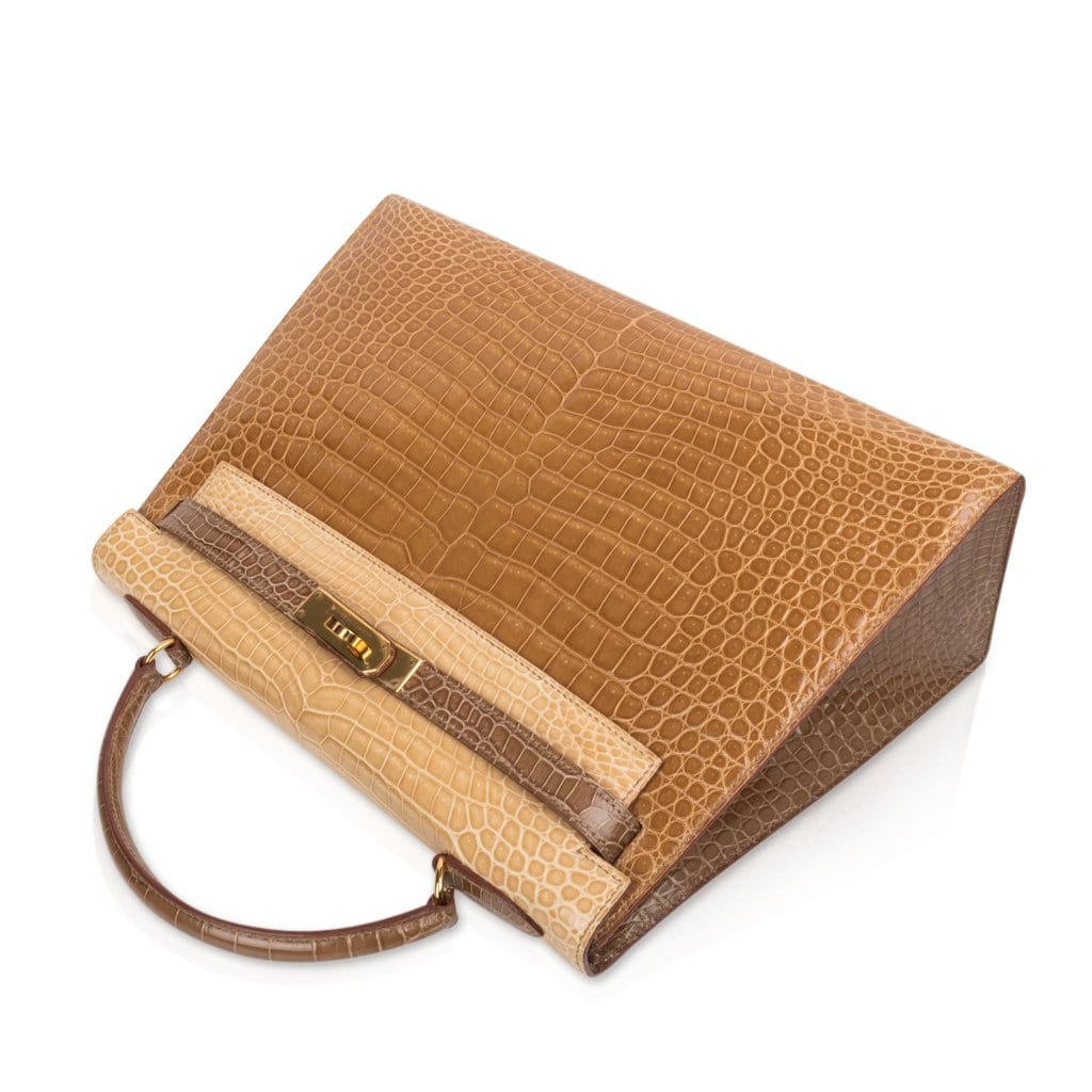 Limited Edition Tri-Color Kelly Sellier 32 Bag  Poussiere Poudre Ficelle Porosus Crocodile