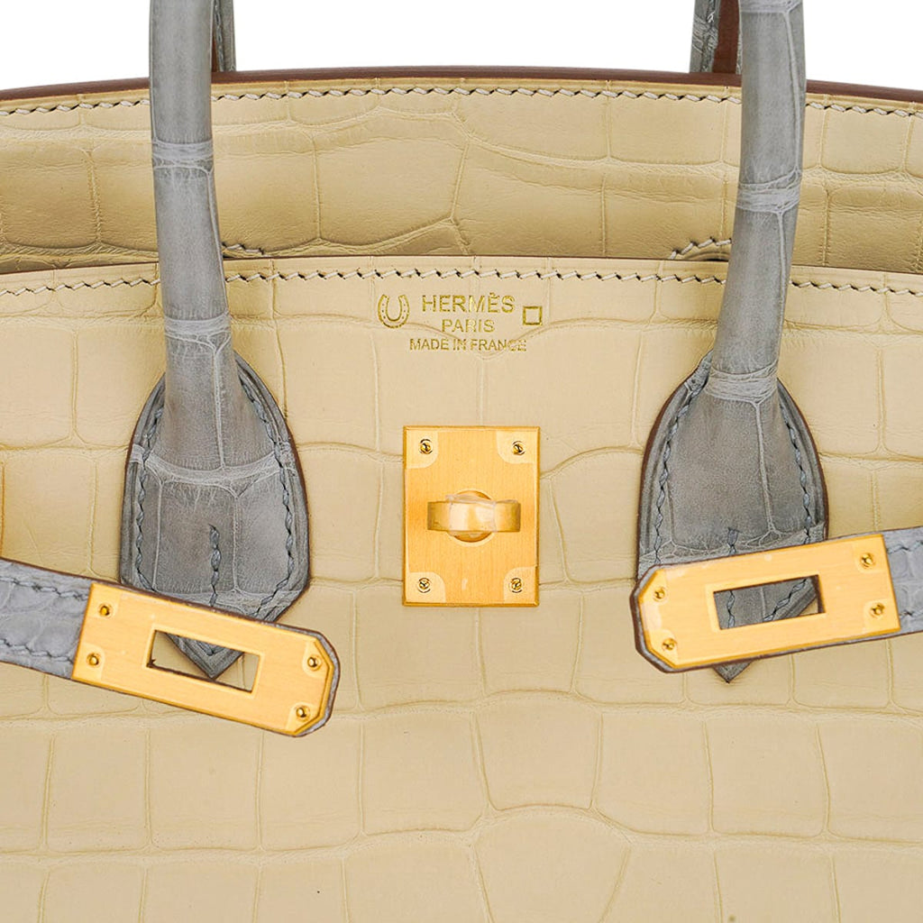 Special Order HSS Birkin 25 Bag in Matte Alligator Vanille and Gris Pearl Alligator with Brushed Gold Hardware