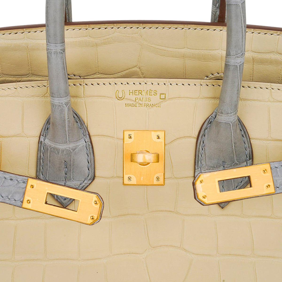 Special Order HSS Birkin 25 Bag in Matte Alligator Vanille and Gris Pearl Alligator with Brushed Gold Hardware