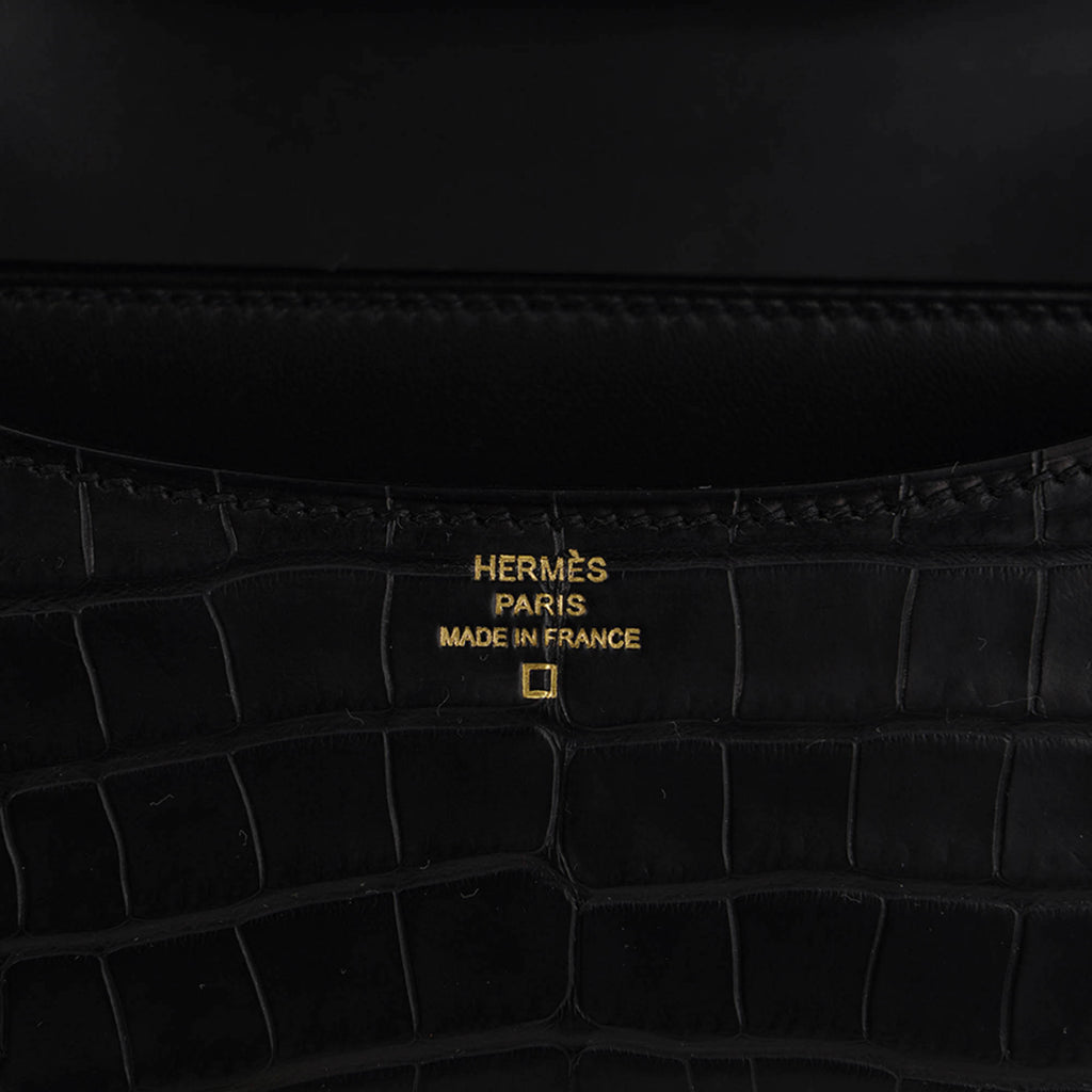 Mini Constance 18 Bag Black Matte Alligator with Gold Hardware and Mirror
