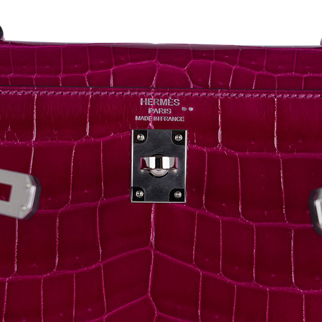 Kelly 25 Sellier Bag Rose Pourpre Crocodile with Palladium Hardware