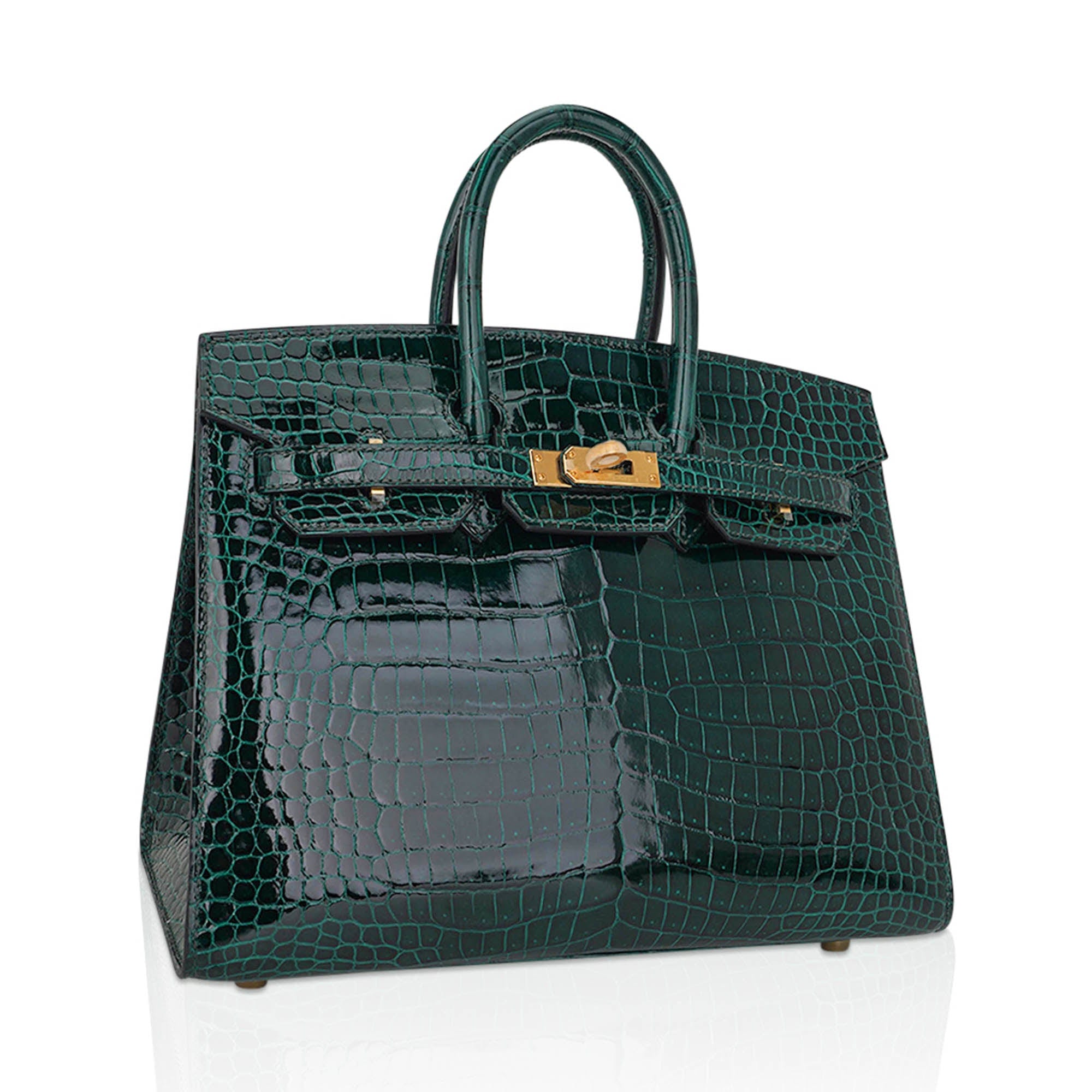 Birkin 25 Bag Sellier Vert Fonce Porosus Crocodile Bag with Gold Hardware