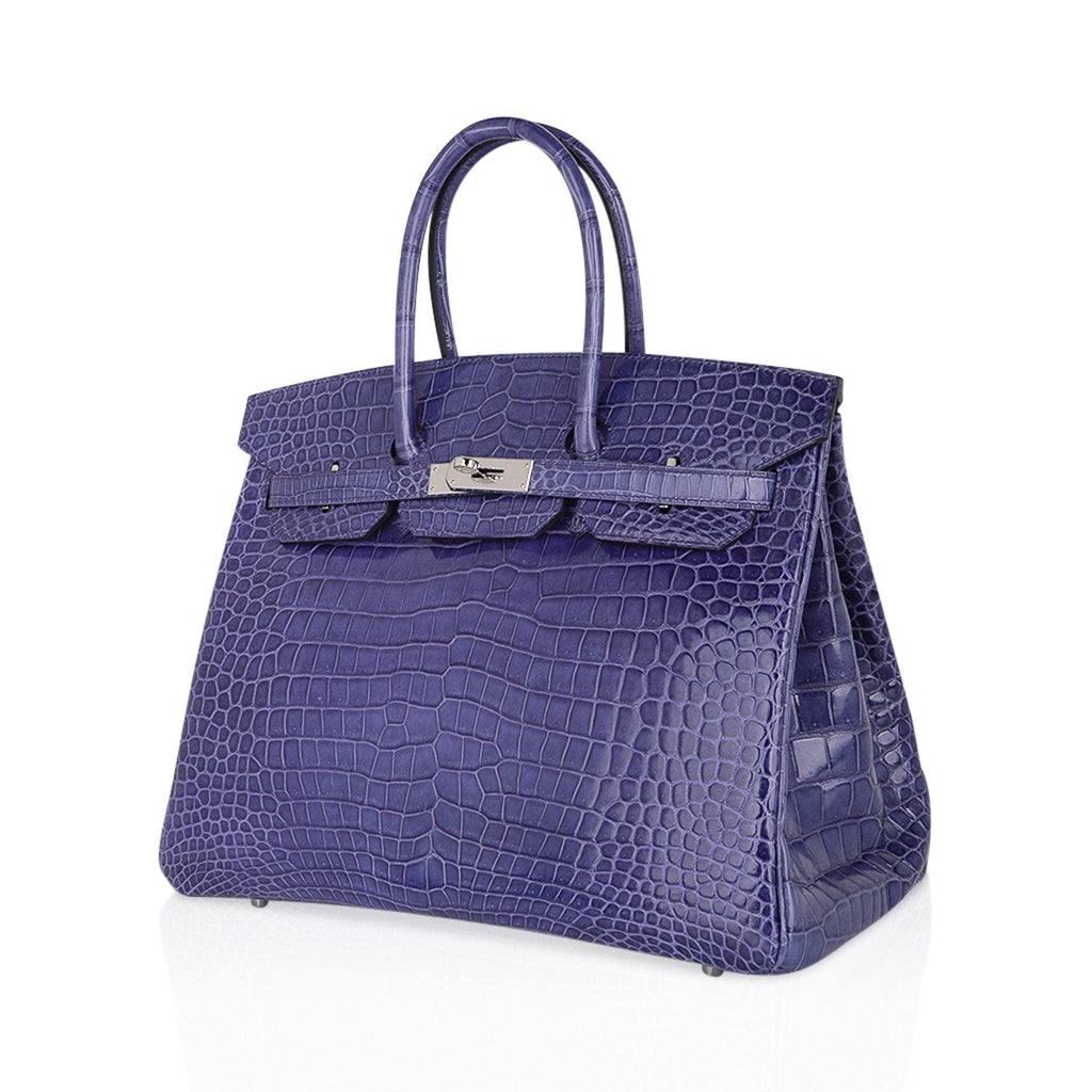Birkin 35 Bag Blue Brighton Porosus Crocodile Palladium Hardware New