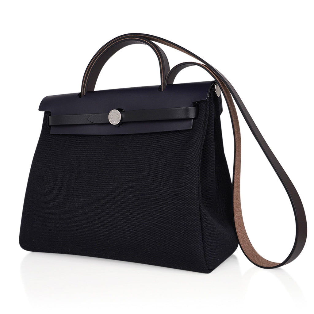 Herbag Zip 31 Bag Black Canvas & Blue Indigo Vache Hunter Leather with Palladium Hardware