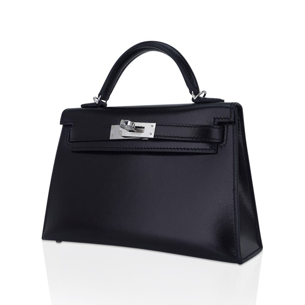 Kelly 20 Sellier Black Box Leather Mini Bag Palladium Hardware