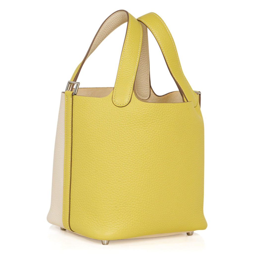 Picotin Lock 18 Casaque Bag Lime / Nata Bi-Color Tote Clemence Palladium