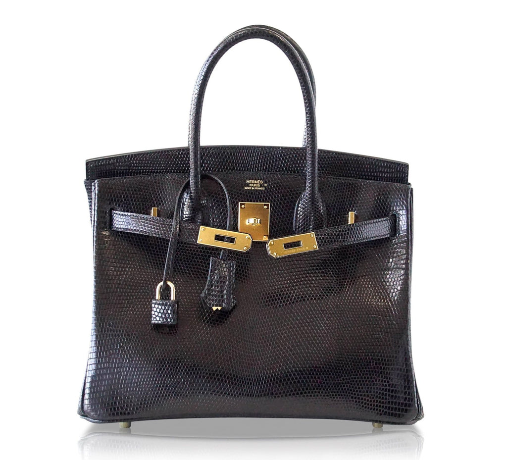 Birkin 30 Bag Jet Black Lizard Gold Hardware