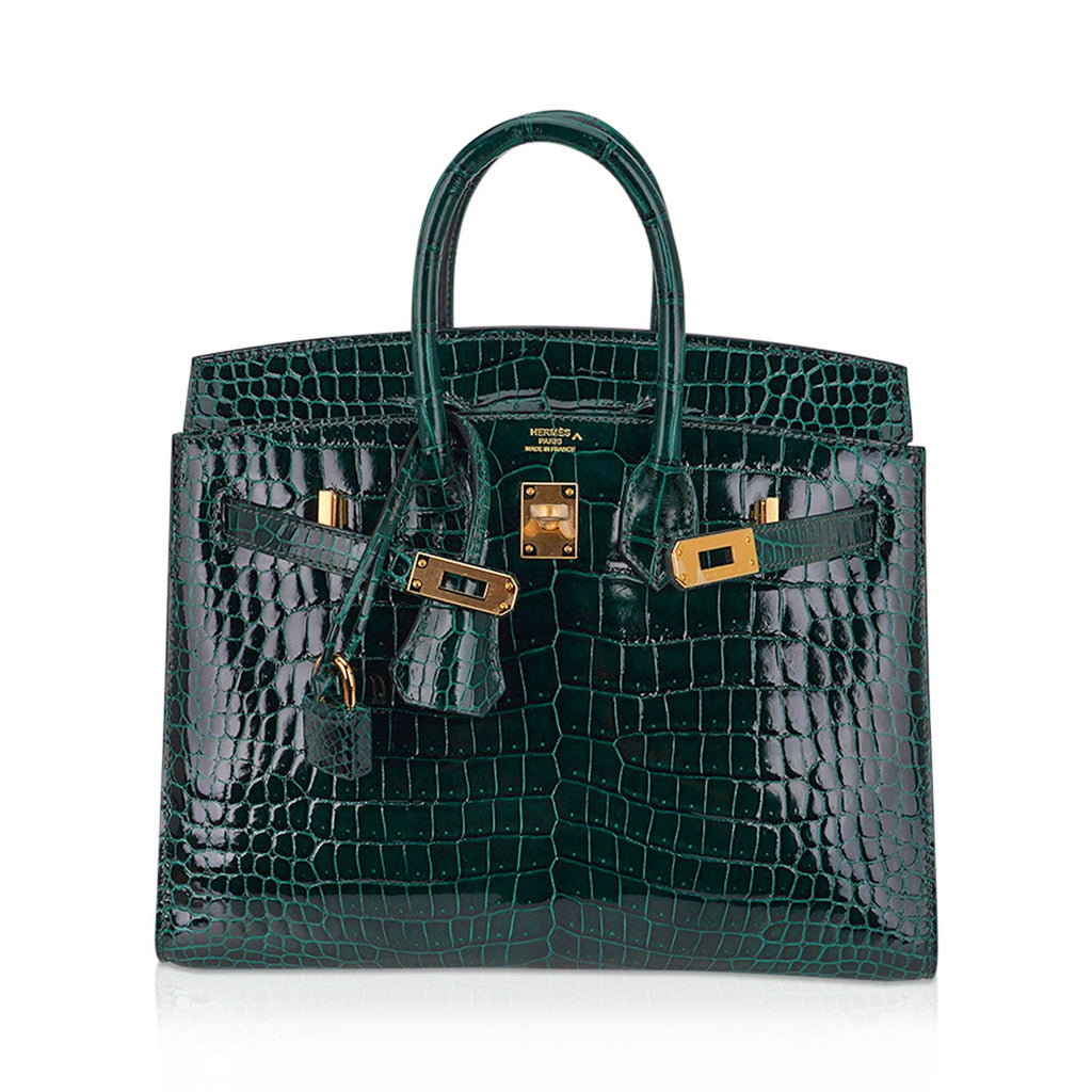Birkin 25 Bag Sellier Vert Fonce Porosus Crocodile Bag with Gold Hardware