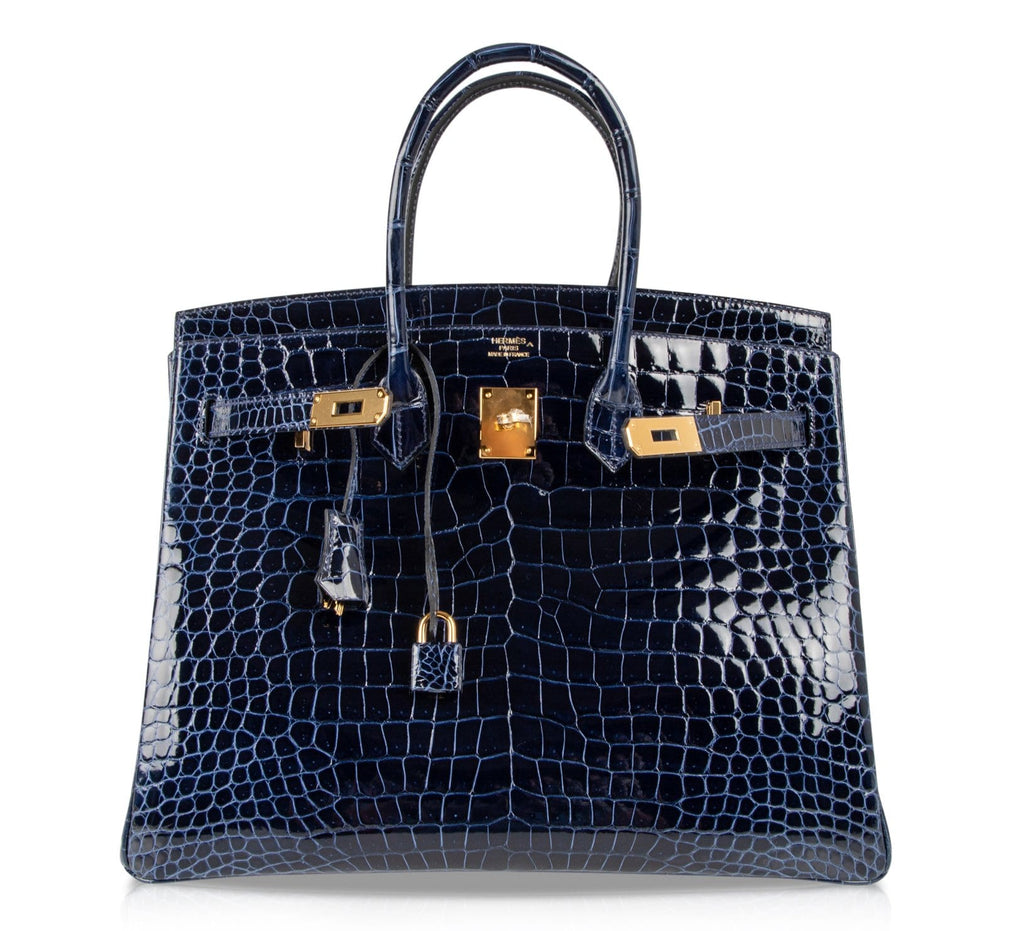 Birkin 35 Bag Blue Sapphire Porosus Crocodile Gold Hardware New