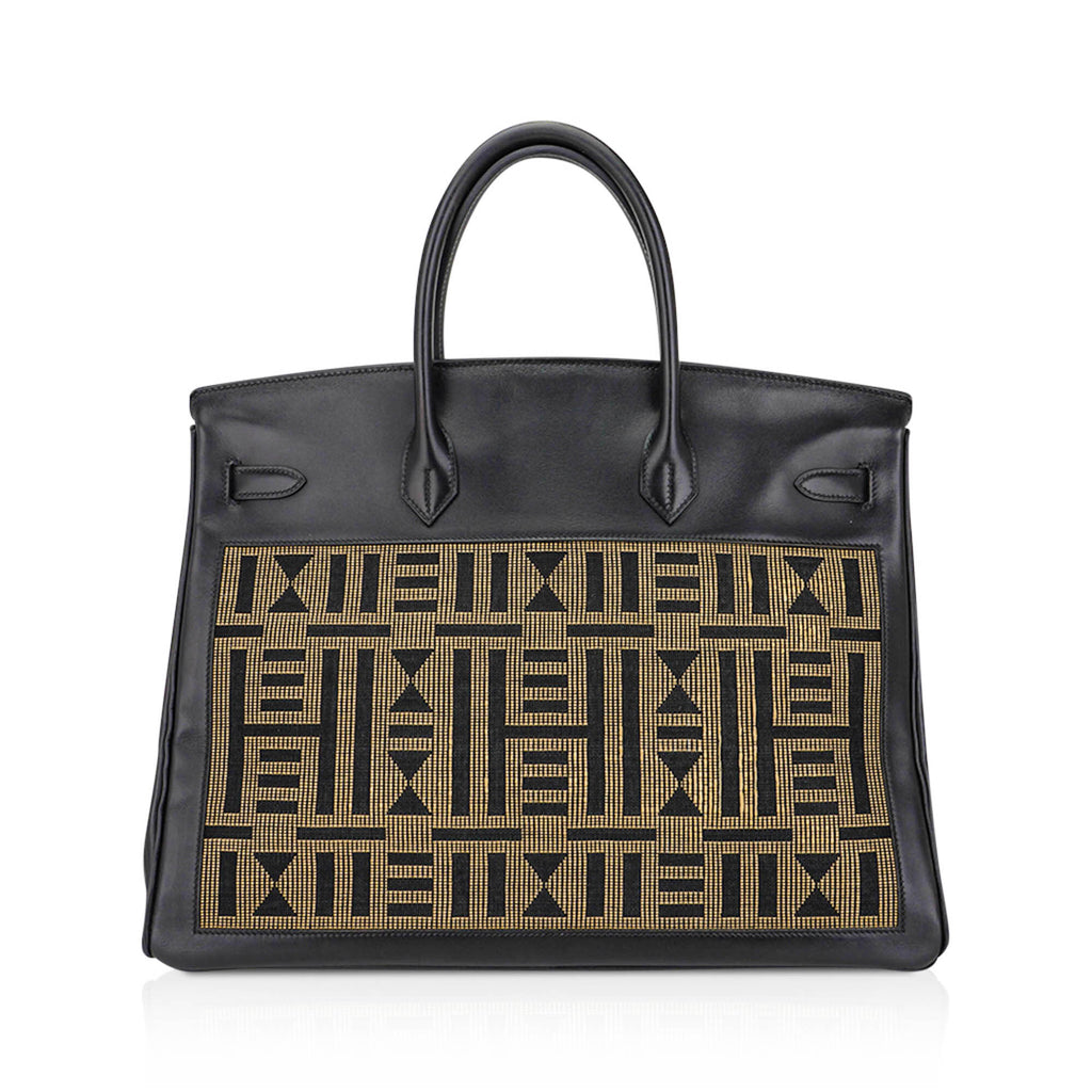 Limited Edition Vintage Horizons Birkin 40 Black Box Leather with Gold Embroidered Toile