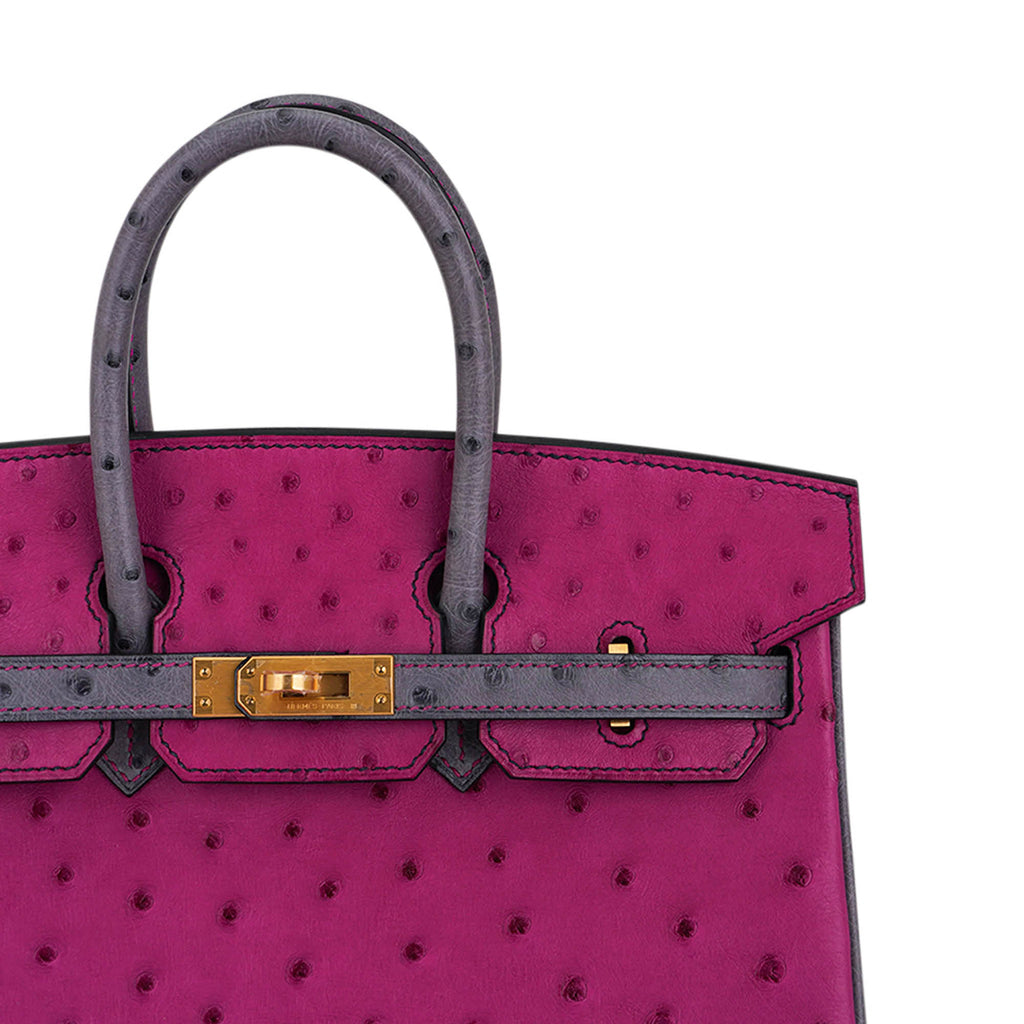 Birkin HSS 25 Bag Rose Pourpre and Gris Agate Ostrich with Gold Hardware