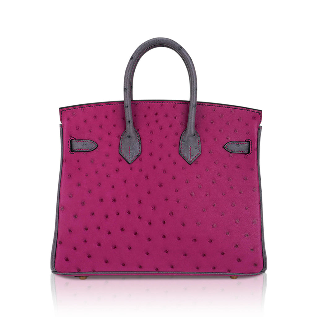 Birkin HSS 25 Bag Rose Pourpre and Gris Agate Ostrich with Gold Hardware