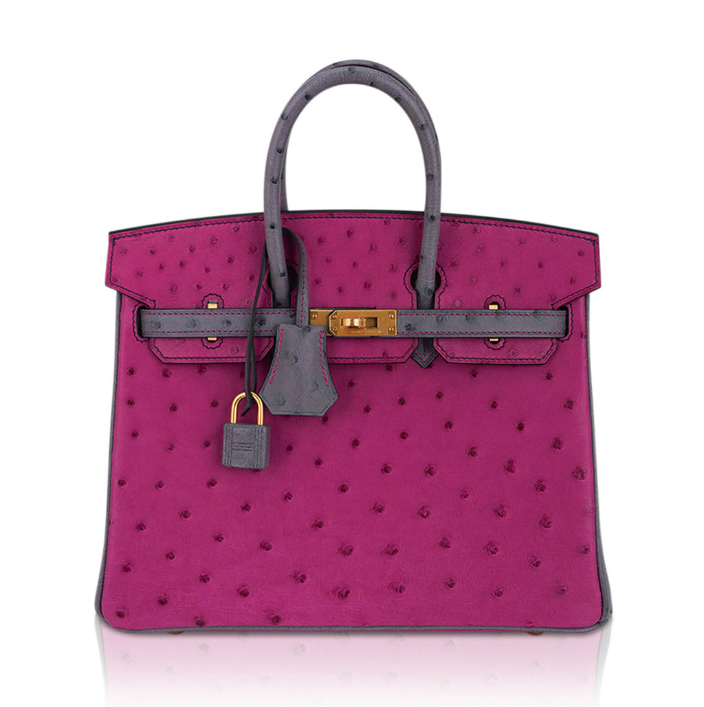 Birkin HSS 25 Bag Rose Pourpre and Gris Agate Ostrich with Gold Hardware
