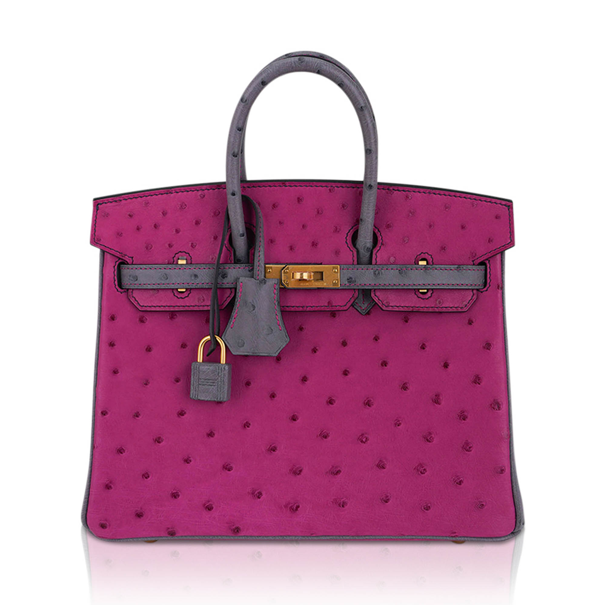 Birkin HSS 25 Bag Rose Pourpre and Gris Agate Ostrich with Gold Hardware