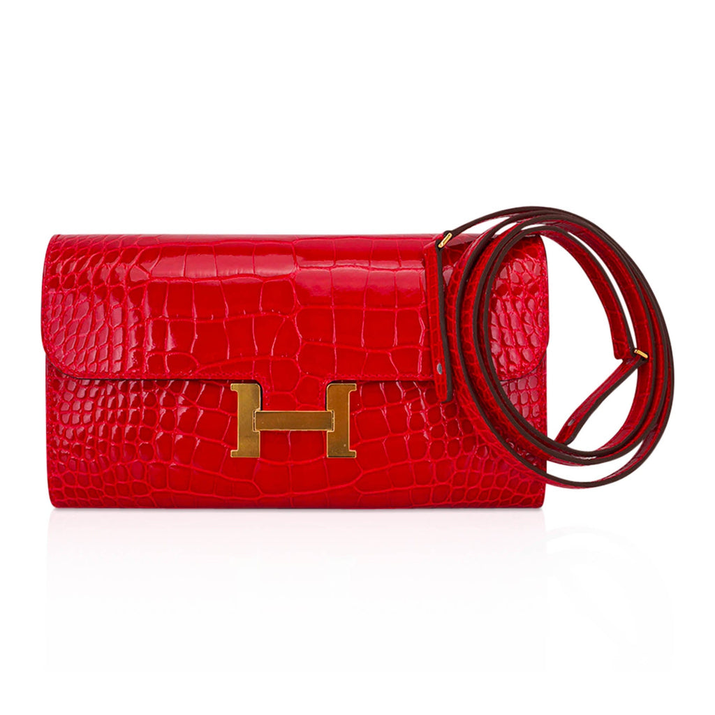 Constance Long To Go Wallet Lipstick Red Braise Alligator with Gold Hardware