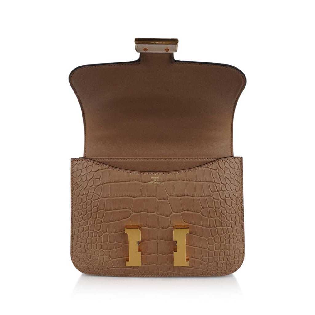 Mini Constance Bag 18 Chai Matte Alligator with Gold Hardware