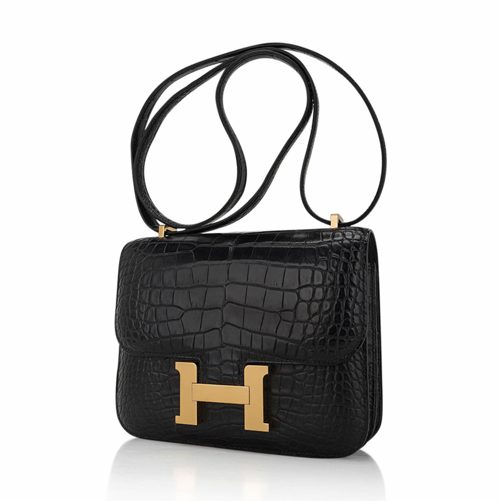 Mini Constance 18 Bag Black Matte Alligator with Gold Hardware and Mirror