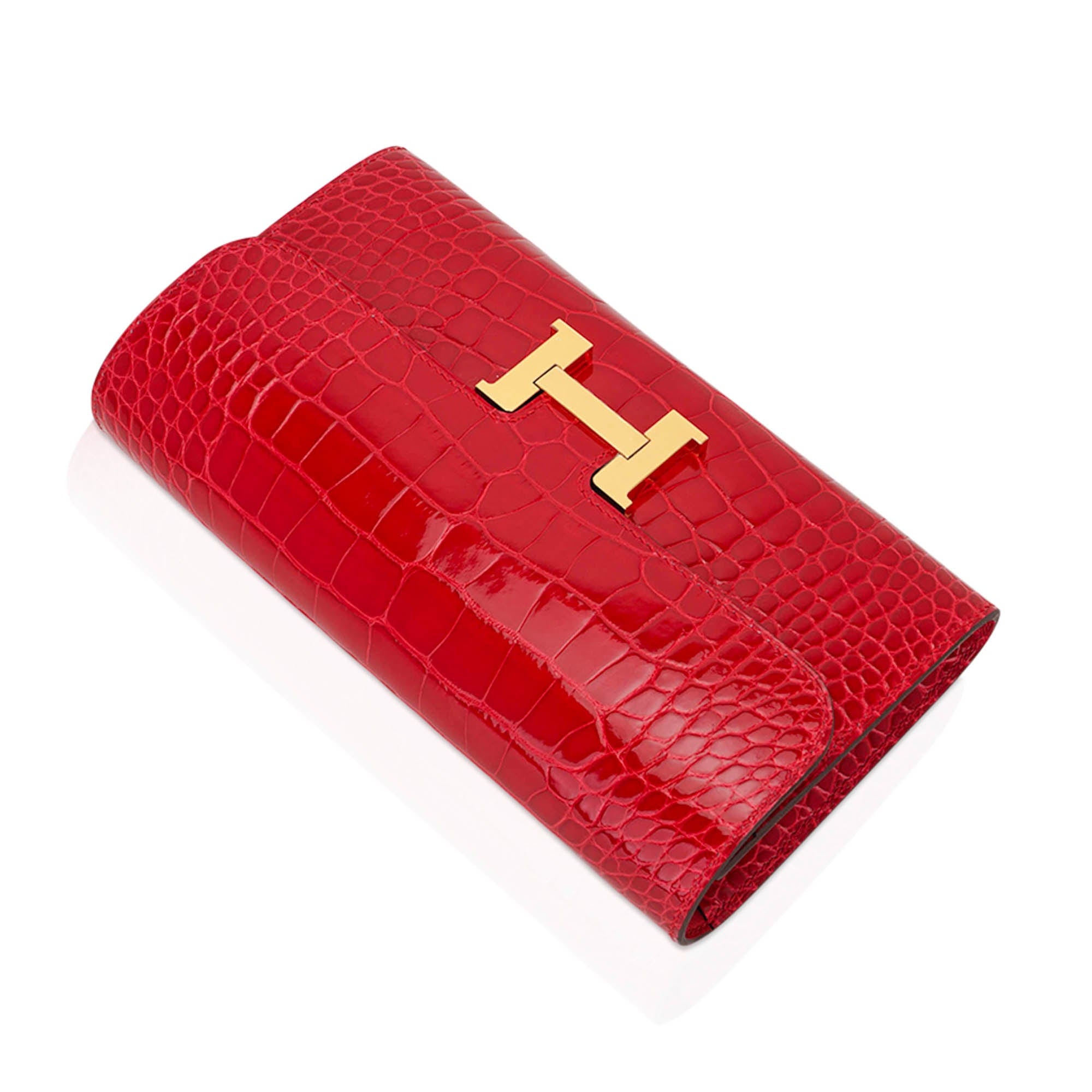 Constance Long To Go Wallet Lipstick Red Braise Alligator with Gold Hardware