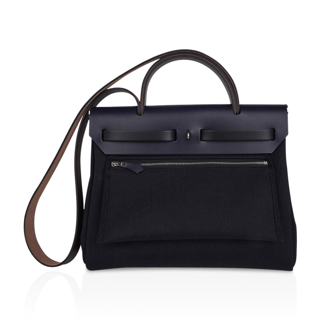 Herbag Zip 31 Bag Black Canvas & Blue Indigo Vache Hunter Leather with Palladium Hardware