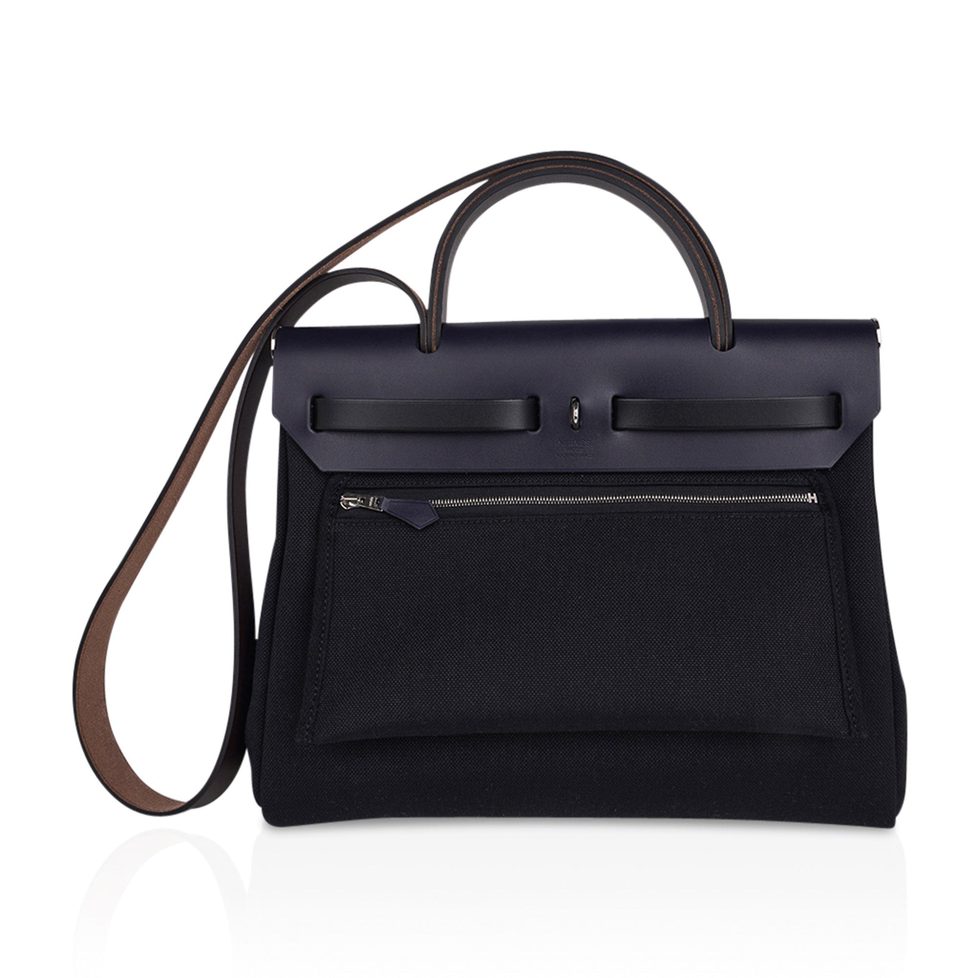 Herbag Zip 31 Bag Black Canvas & Blue Indigo Vache Hunter Leather with Palladium Hardware