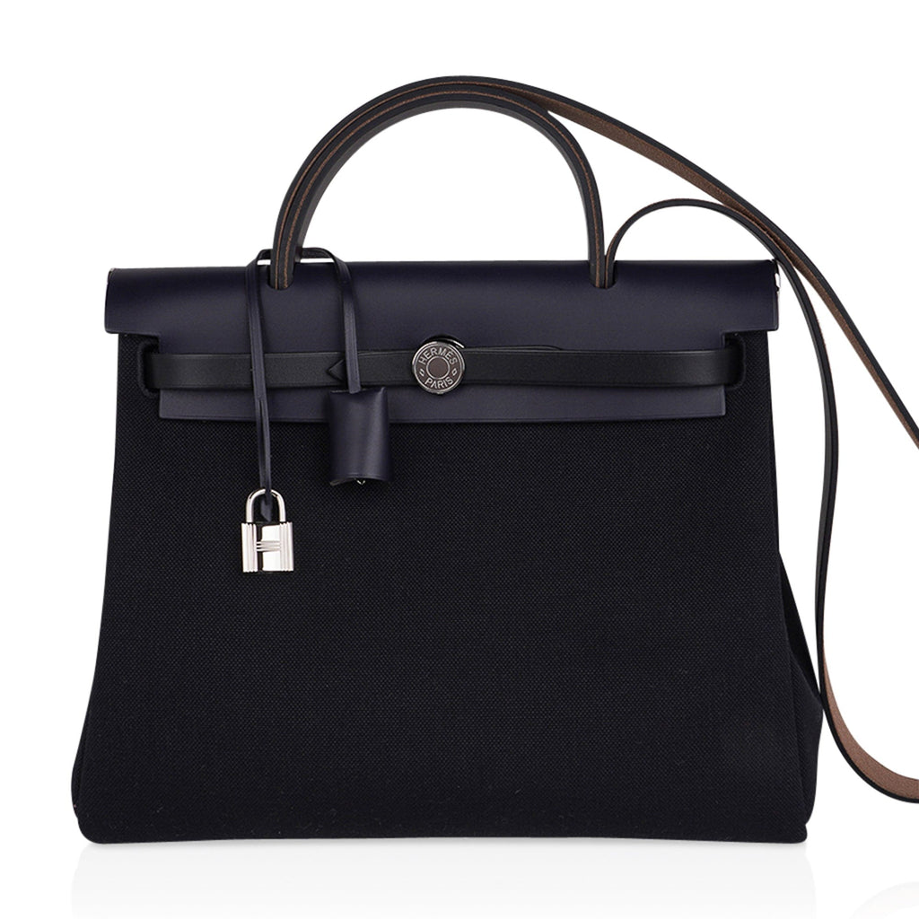 Herbag Zip 31 Bag Black Canvas & Blue Indigo Vache Hunter Leather with Palladium Hardware