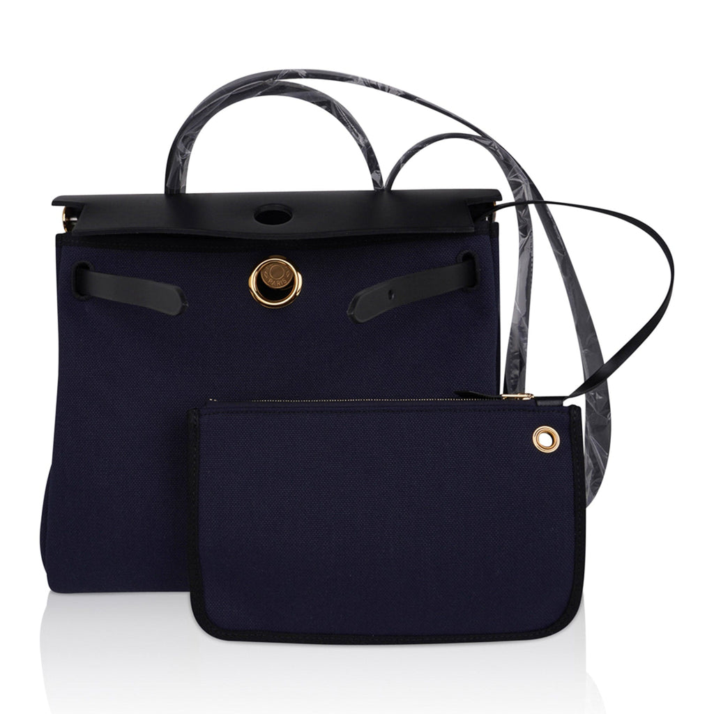 Herbag Zip 31 Bag Blue Indigo Toile Black Vache Hunter Leather with Gold Hardware