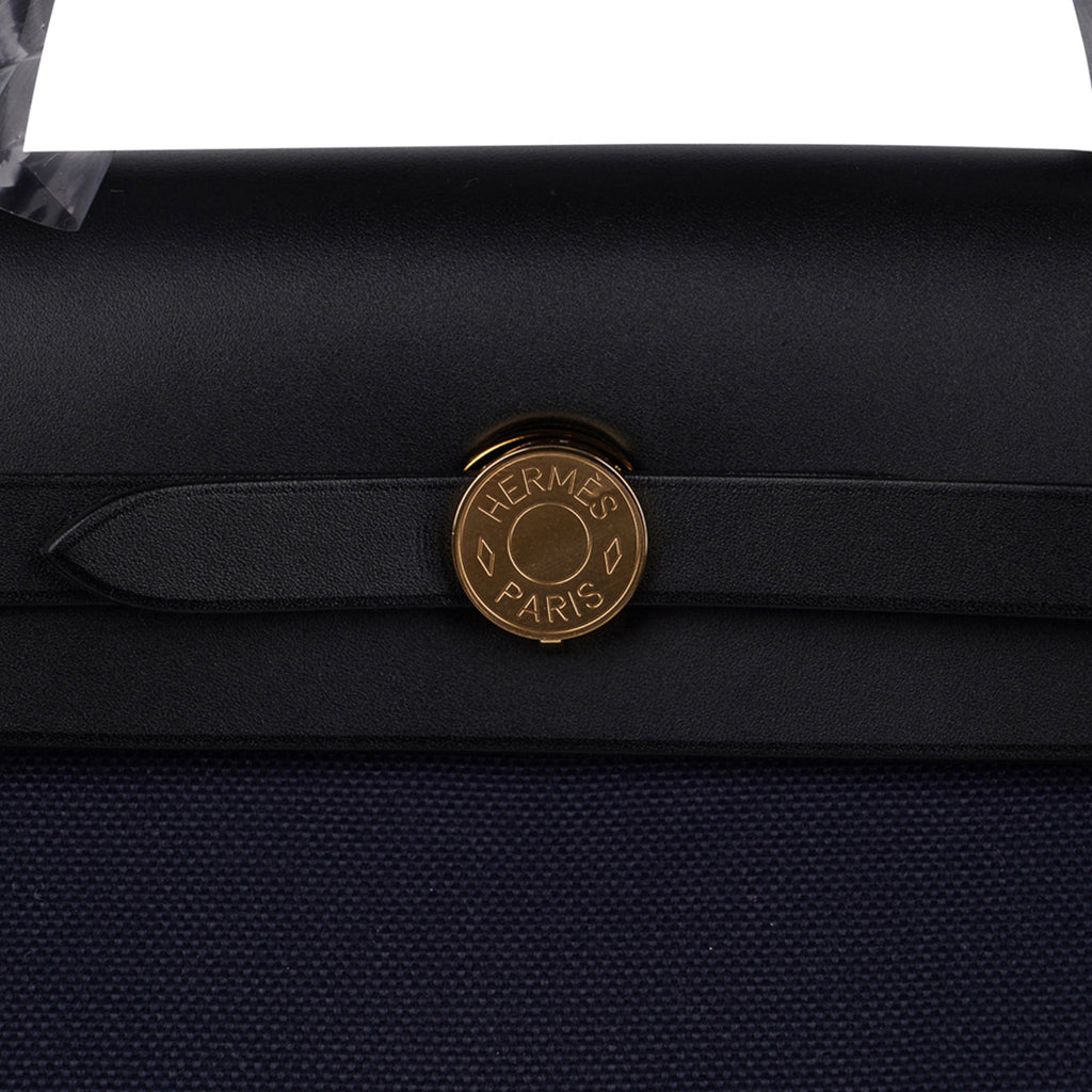 Herbag Zip 31 Bag Blue Indigo Toile Black Vache Hunter Leather with Gold Hardware
