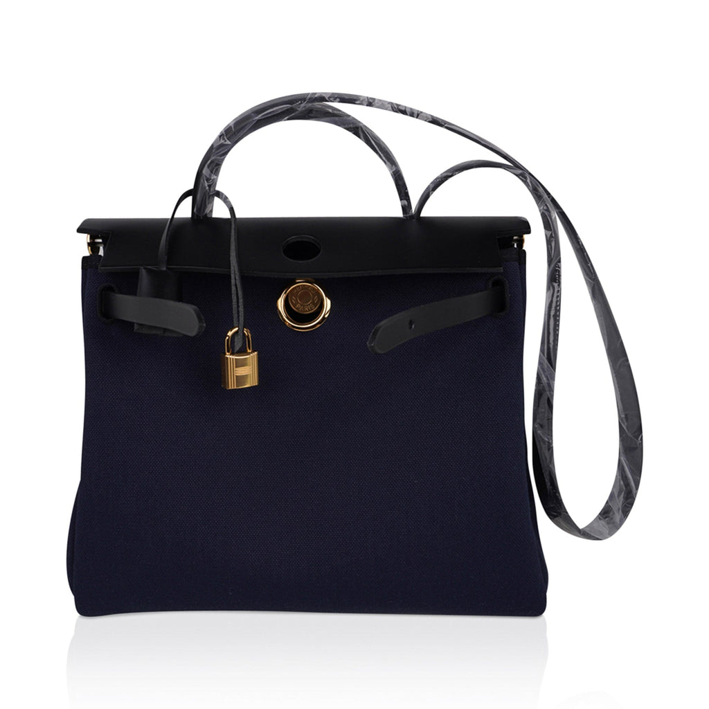 Herbag Zip 31 Bag Blue Indigo Toile Black Vache Hunter Leather with Gold Hardware