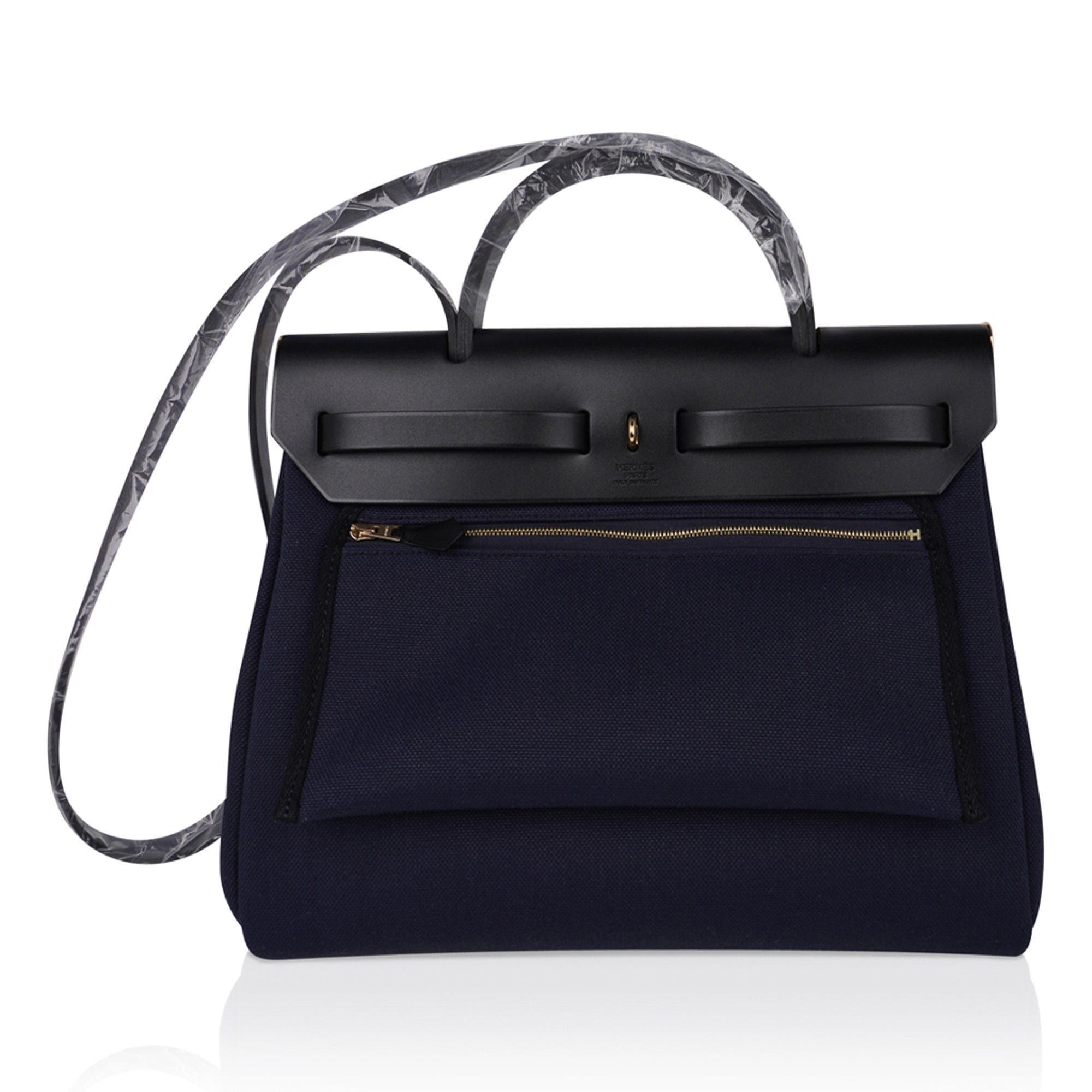 Herbag Zip 31 Bag Blue Indigo Toile Black Vache Hunter Leather with Gold Hardware