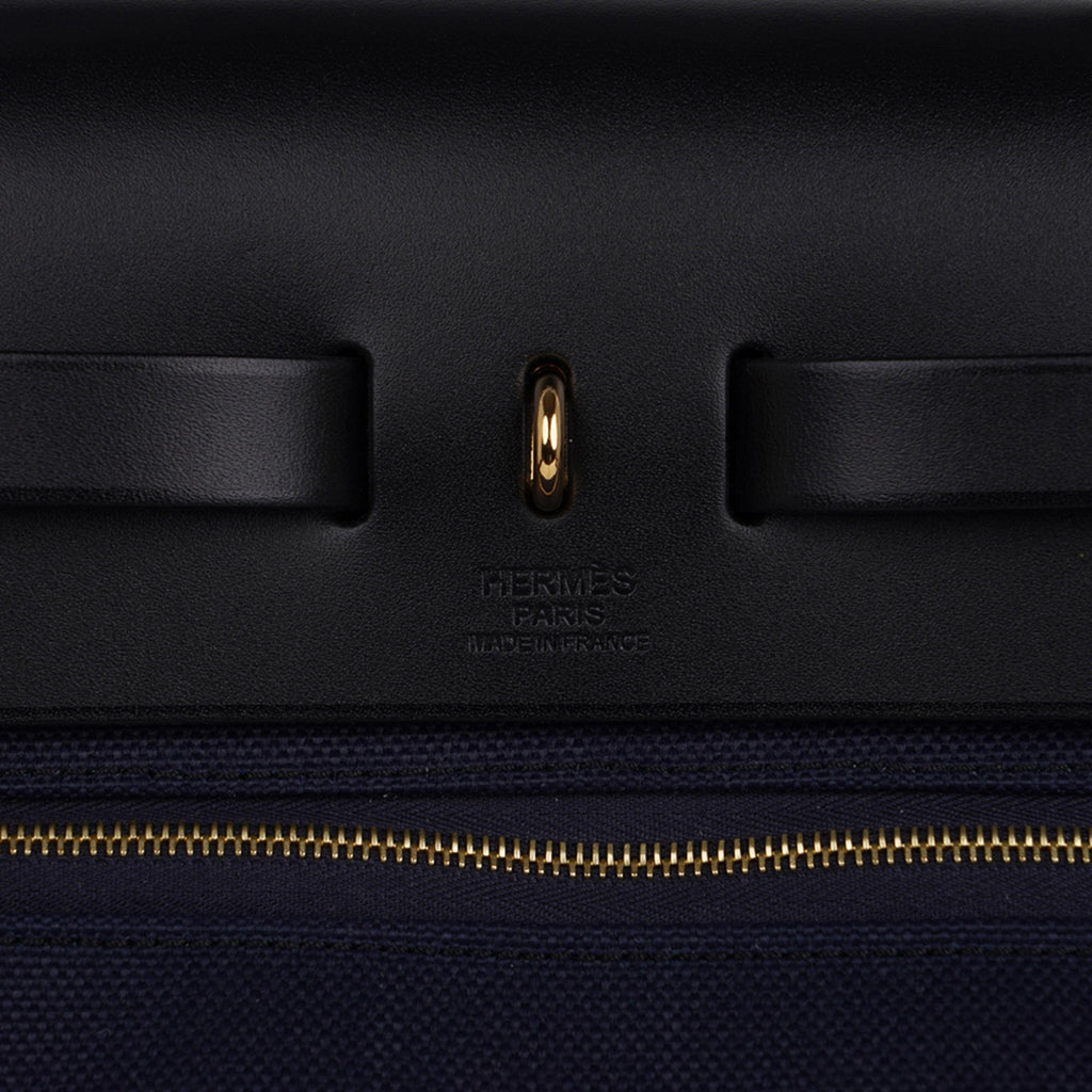 Herbag Zip 31 Bag Blue Indigo Toile Black Vache Hunter Leather with Gold Hardware