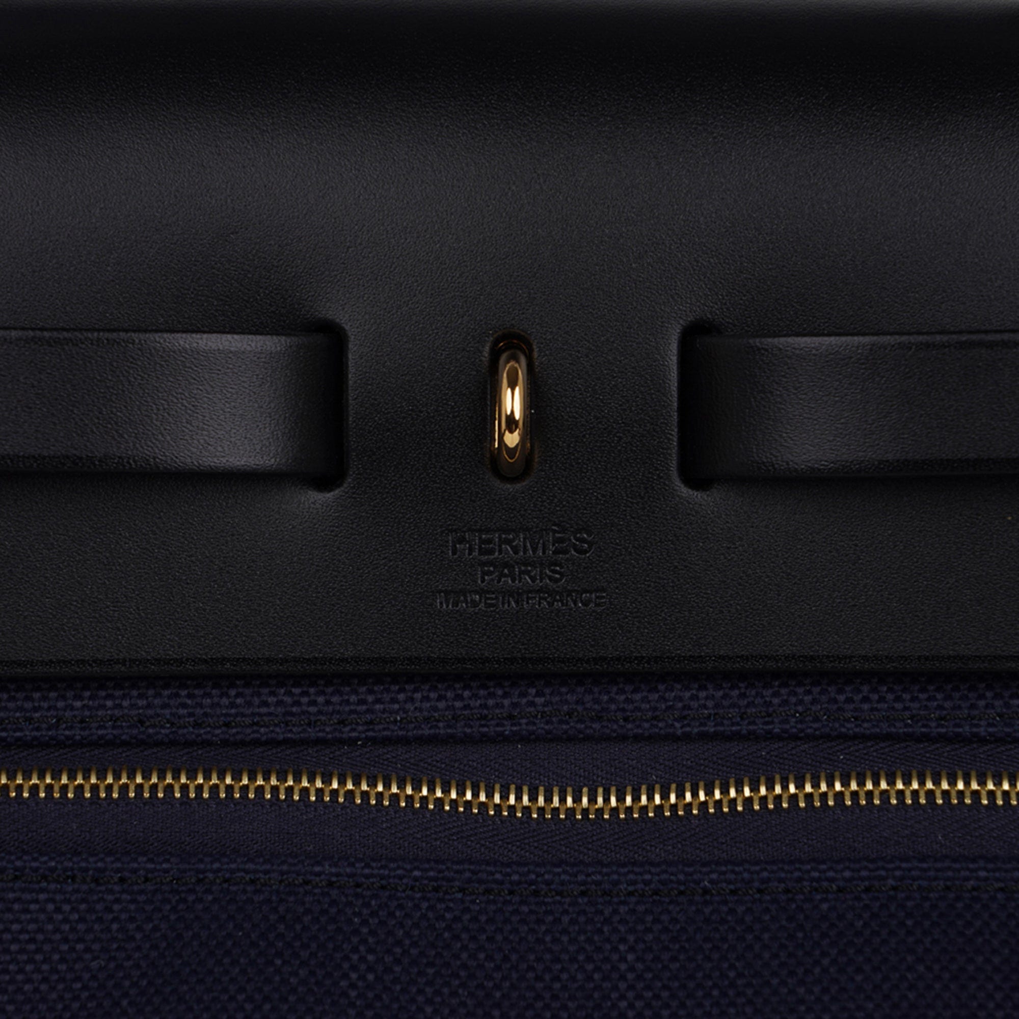 Herbag Zip 31 Bag Blue Indigo Toile Black Vache Hunter Leather with Gold Hardware