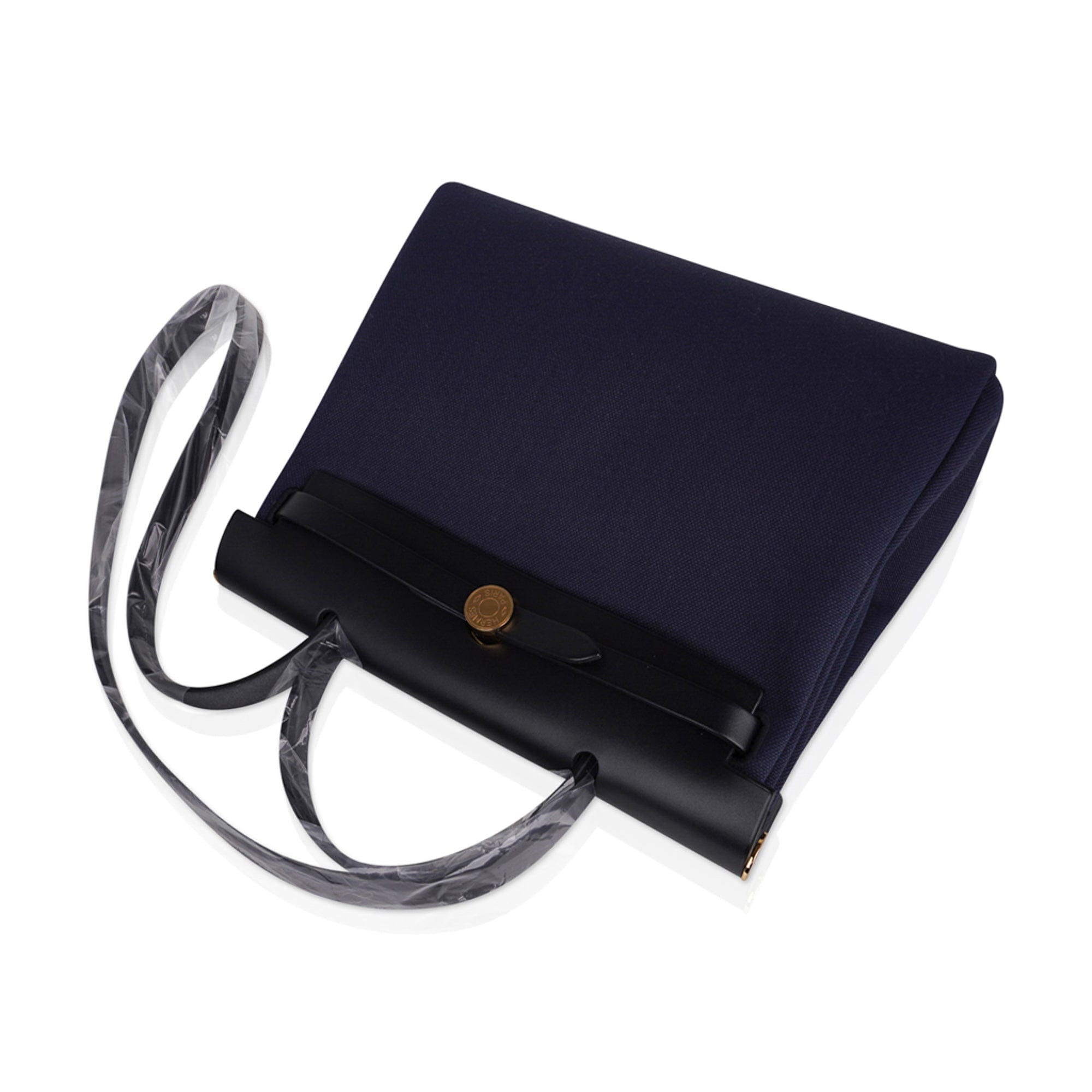 Herbag Zip 31 Bag Blue Indigo Toile Black Vache Hunter Leather with Gold Hardware