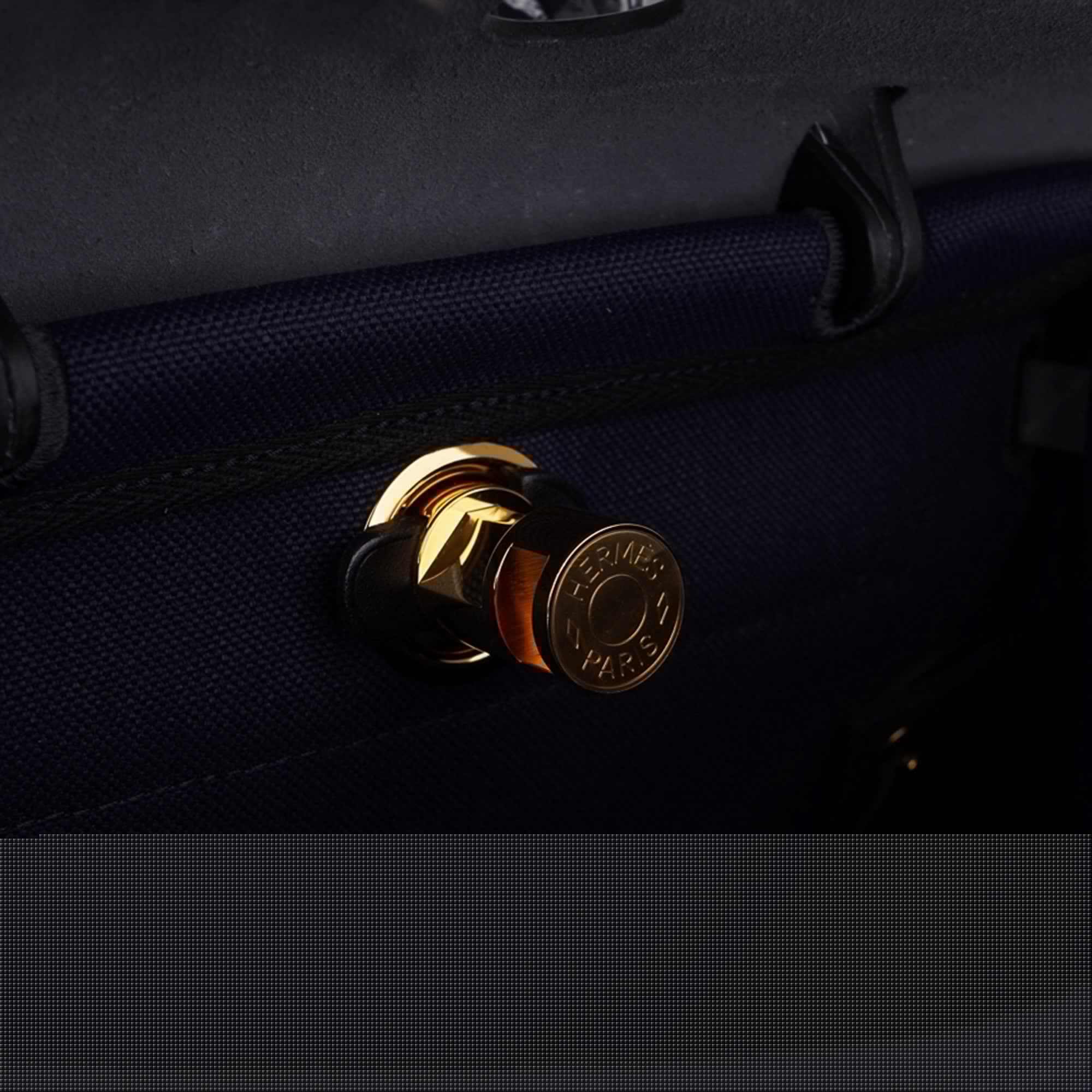 Herbag Zip 31 Bag Blue Indigo Toile Black Vache Hunter Leather with Gold Hardware