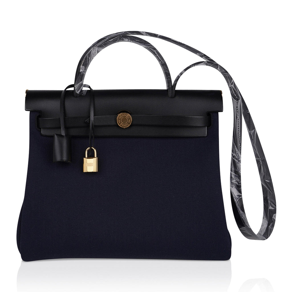 Herbag Zip 31 Bag Blue Indigo Toile Black Vache Hunter Leather with Gold Hardware
