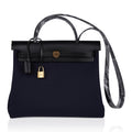 Herbag Zip 31 Bag Blue Indigo Toile Black Vache Hunter Leather with Gold Hardware