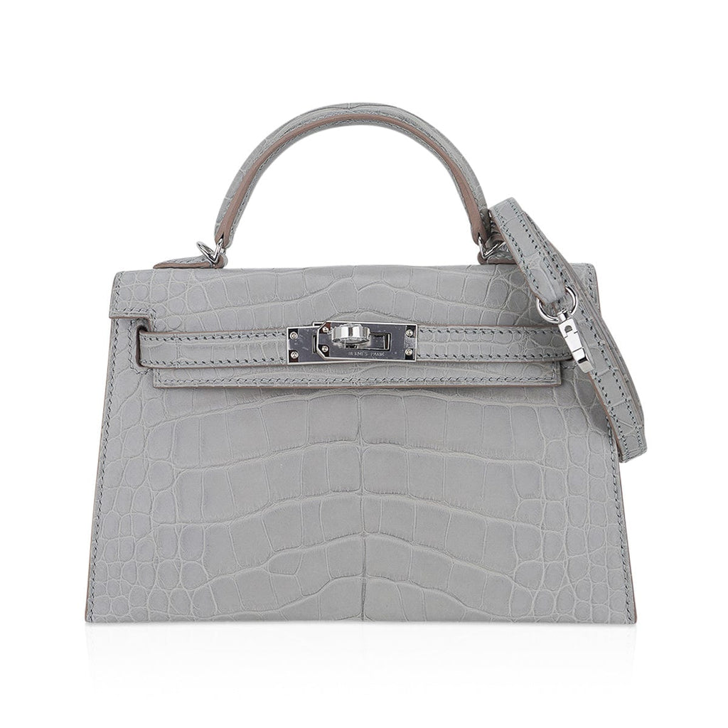 Limited Edition Mini Kelly 20 Sellier Matte Gris Perle Alligator Bag Palladium Hardware