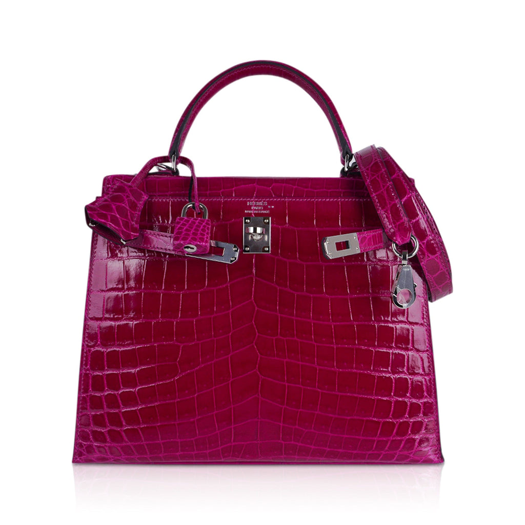 Kelly 25 Sellier Bag Rose Pourpre Crocodile with Palladium Hardware
