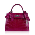 Kelly 25 Sellier Bag Rose Pourpre Crocodile with Palladium Hardware