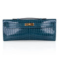 Kelly Cut Bag Blue Colvert Crocodile with Gold Hardware