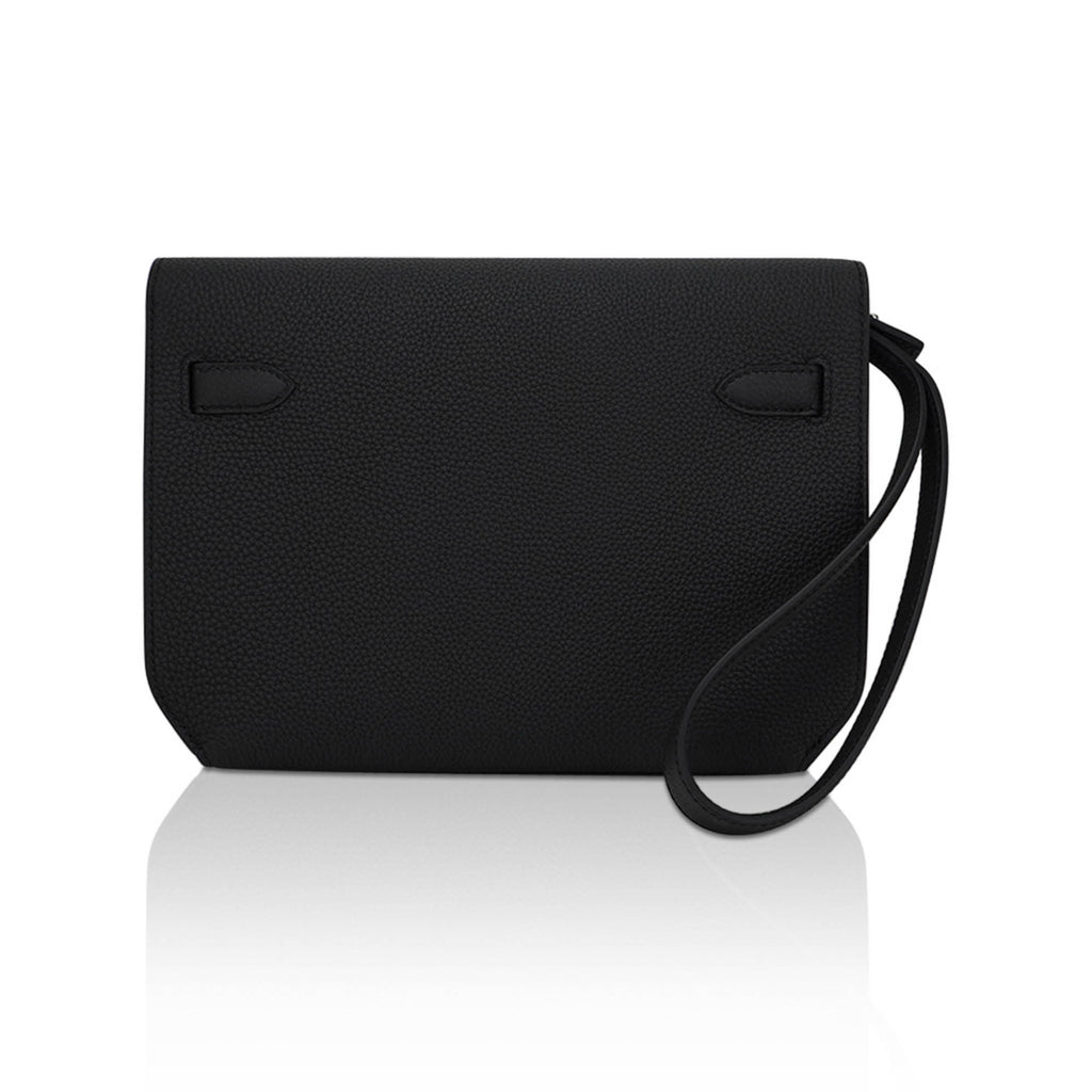 Kelly Depeches 25 Pouch Bag Black Galop D’Leather with Palladium Hardware