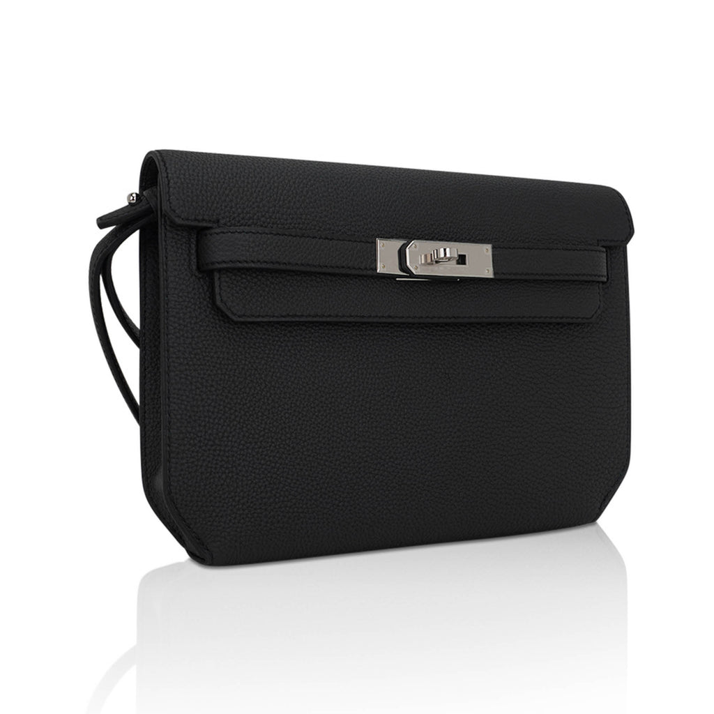 Kelly Depeches 25 Pouch Bag Black Galop D’Leather with Palladium Hardware