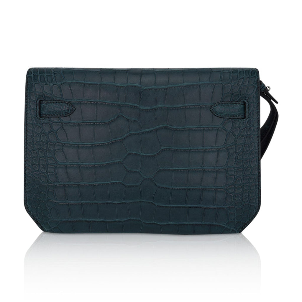 Kelly Depeches 25 Pouch Vert Rousseau Matte Alligator Palladium Hardware