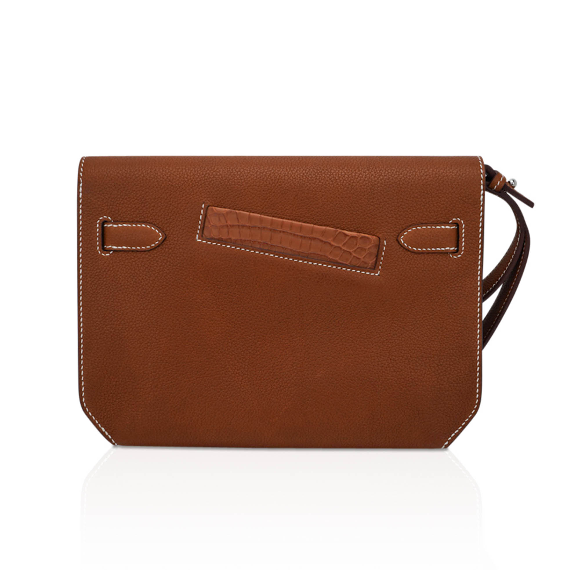 Kelly Depeches Touch Pouch 25 Bag Fauve Barenia Faubourg Leather and Gold Matte Alligator with Palladium Hardware
