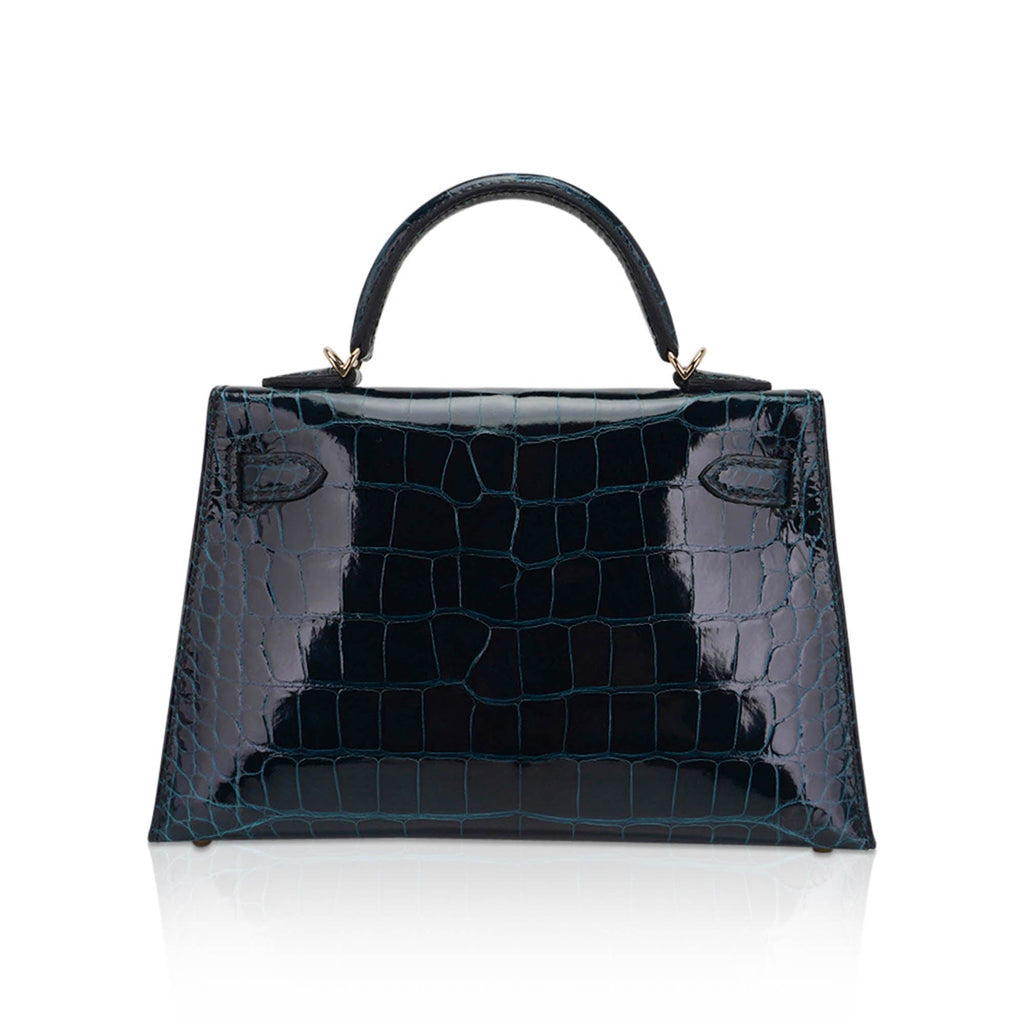 Limited Edition Verso Mini Kelly 20 Sellier Bag Vert Rousseau & Blue Paon Alligator with Permabrass Hardware