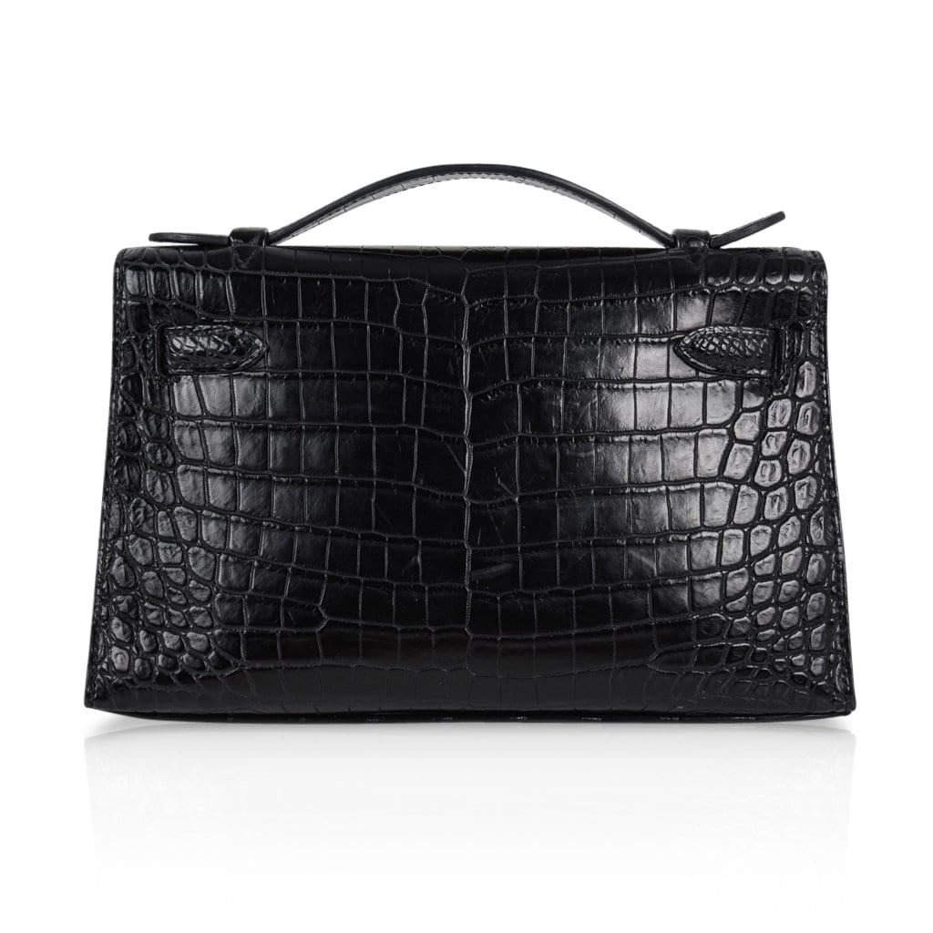 Kelly Pochette Bag Matte Black Crocodile Clutch Palladium