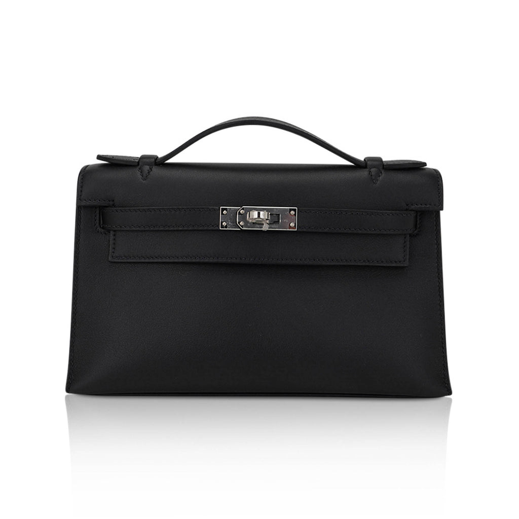 Kelly Pochette Clutch Bag Black Swift Leather with Palladium Hardware